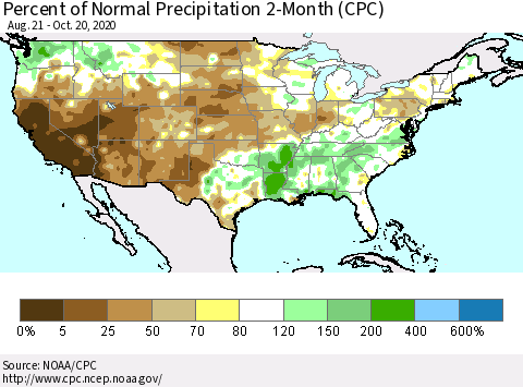 United States Percent of Normal Precipitation 2-Month (CPC) Thematic Map For 8/21/2020 - 10/20/2020