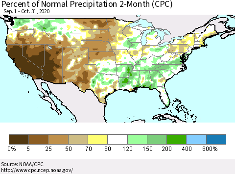 United States Percent of Normal Precipitation 2-Month (CPC) Thematic Map For 9/1/2020 - 10/31/2020
