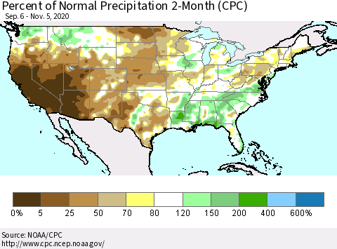 United States Percent of Normal Precipitation 2-Month (CPC) Thematic Map For 9/6/2020 - 11/5/2020