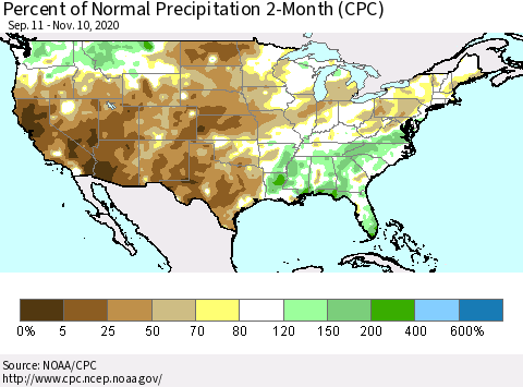 United States Percent of Normal Precipitation 2-Month (CPC) Thematic Map For 9/11/2020 - 11/10/2020