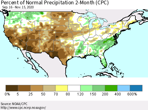 United States Percent of Normal Precipitation 2-Month (CPC) Thematic Map For 9/16/2020 - 11/15/2020