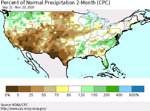 United States Percent of Normal Precipitation 2-Month (CPC) Thematic Map For 9/21/2020 - 11/20/2020