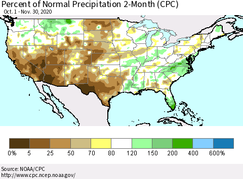 United States Percent of Normal Precipitation 2-Month (CPC) Thematic Map For 10/1/2020 - 11/30/2020