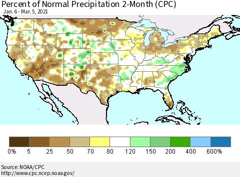 United States Percent of Normal Precipitation 2-Month (CPC) Thematic Map For 1/6/2021 - 3/5/2021