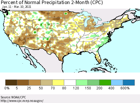 United States Percent of Normal Precipitation 2-Month (CPC) Thematic Map For 1/11/2021 - 3/10/2021