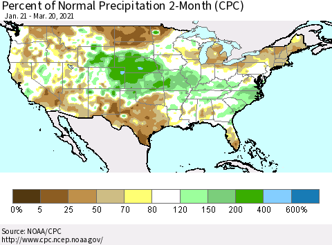 United States Percent of Normal Precipitation 2-Month (CPC) Thematic Map For 1/21/2021 - 3/20/2021