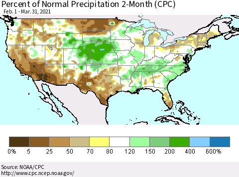 United States Percent of Normal Precipitation 2-Month (CPC) Thematic Map For 2/1/2021 - 3/31/2021