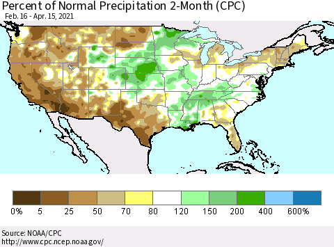 United States Percent of Normal Precipitation 2-Month (CPC) Thematic Map For 2/16/2021 - 4/15/2021