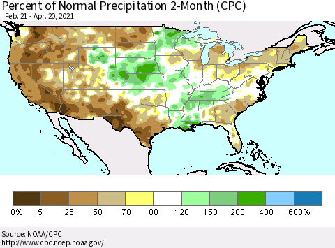 United States Percent of Normal Precipitation 2-Month (CPC) Thematic Map For 2/21/2021 - 4/20/2021