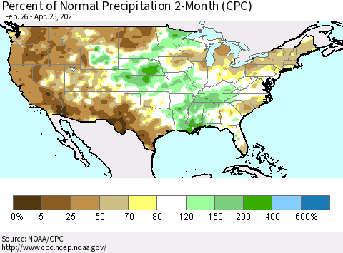 United States Percent of Normal Precipitation 2-Month (CPC) Thematic Map For 2/26/2021 - 4/25/2021