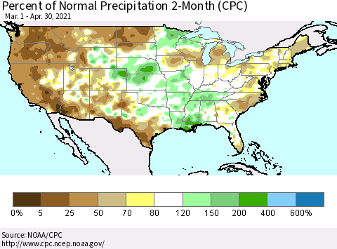 United States Percent of Normal Precipitation 2-Month (CPC) Thematic Map For 3/1/2021 - 4/30/2021