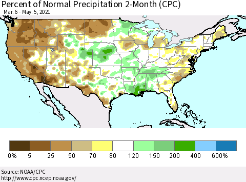 United States Percent of Normal Precipitation 2-Month (CPC) Thematic Map For 3/6/2021 - 5/5/2021