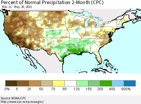 United States Percent of Normal Precipitation 2-Month (CPC) Thematic Map For 3/21/2021 - 5/20/2021