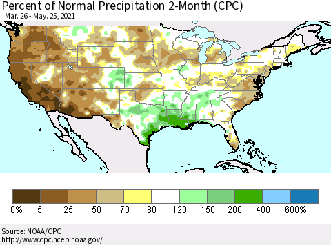 United States Percent of Normal Precipitation 2-Month (CPC) Thematic Map For 3/26/2021 - 5/25/2021