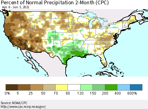 United States Percent of Normal Precipitation 2-Month (CPC) Thematic Map For 4/6/2021 - 6/5/2021