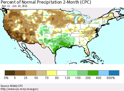 United States Percent of Normal Precipitation 2-Month (CPC) Thematic Map For 4/11/2021 - 6/10/2021