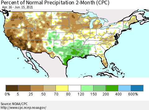 United States Percent of Normal Precipitation 2-Month (CPC) Thematic Map For 4/16/2021 - 6/15/2021
