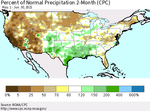 United States Percent of Normal Precipitation 2-Month (CPC) Thematic Map For 5/1/2021 - 6/30/2021