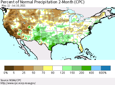 United States Percent of Normal Precipitation 2-Month (CPC) Thematic Map For 5/11/2021 - 7/10/2021