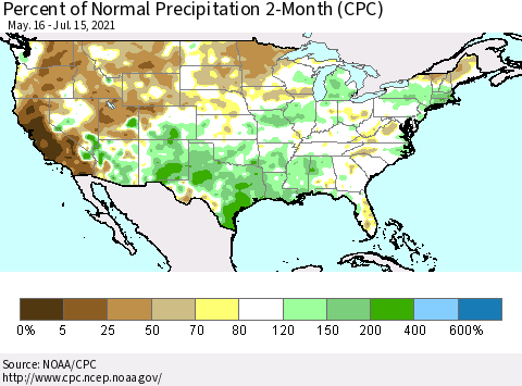 United States Percent of Normal Precipitation 2-Month (CPC) Thematic Map For 5/16/2021 - 7/15/2021