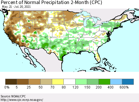 United States Percent of Normal Precipitation 2-Month (CPC) Thematic Map For 5/21/2021 - 7/20/2021