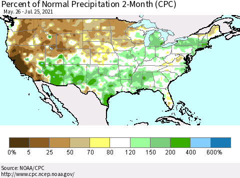 United States Percent of Normal Precipitation 2-Month (CPC) Thematic Map For 5/26/2021 - 7/25/2021
