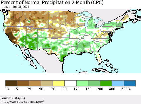 United States Percent of Normal Precipitation 2-Month (CPC) Thematic Map For 6/1/2021 - 7/31/2021