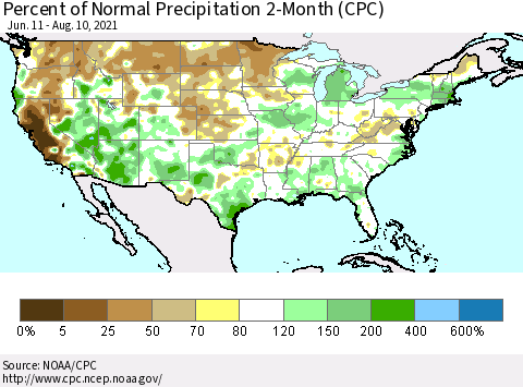 United States Percent of Normal Precipitation 2-Month (CPC) Thematic Map For 6/11/2021 - 8/10/2021
