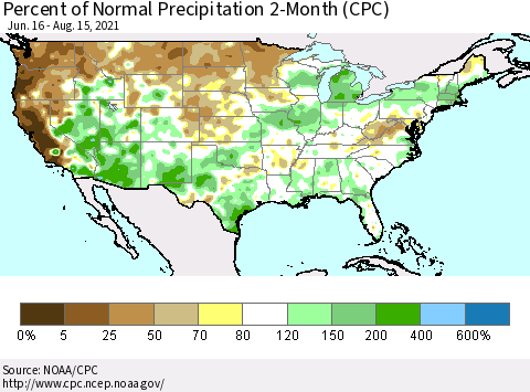United States Percent of Normal Precipitation 2-Month (CPC) Thematic Map For 6/16/2021 - 8/15/2021