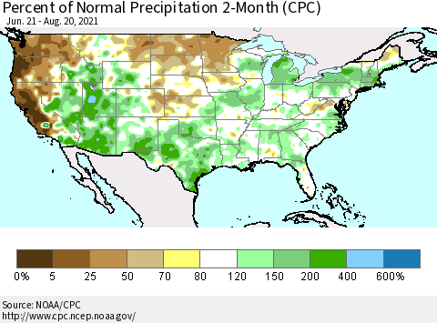 United States Percent of Normal Precipitation 2-Month (CPC) Thematic Map For 6/21/2021 - 8/20/2021