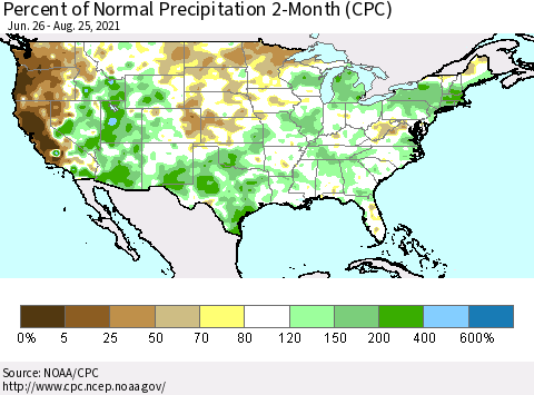 United States Percent of Normal Precipitation 2-Month (CPC) Thematic Map For 6/26/2021 - 8/25/2021