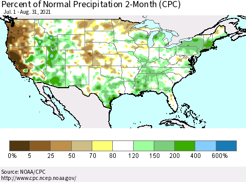 United States Percent of Normal Precipitation 2-Month (CPC) Thematic Map For 7/1/2021 - 8/31/2021