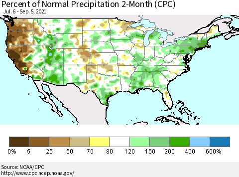 United States Percent of Normal Precipitation 2-Month (CPC) Thematic Map For 7/6/2021 - 9/5/2021