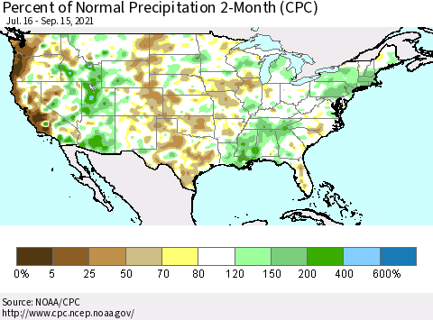 United States Percent of Normal Precipitation 2-Month (CPC) Thematic Map For 7/16/2021 - 9/15/2021