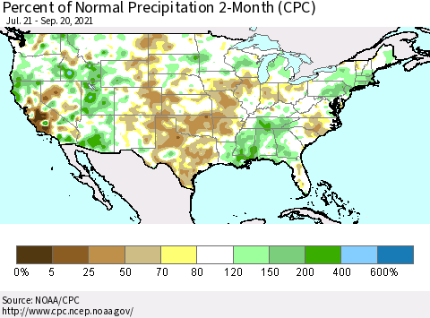 United States Percent of Normal Precipitation 2-Month (CPC) Thematic Map For 7/21/2021 - 9/20/2021
