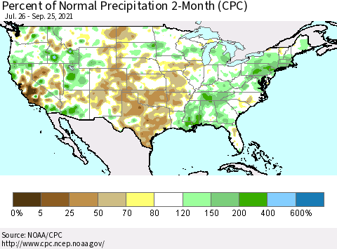 United States Percent of Normal Precipitation 2-Month (CPC) Thematic Map For 7/26/2021 - 9/25/2021