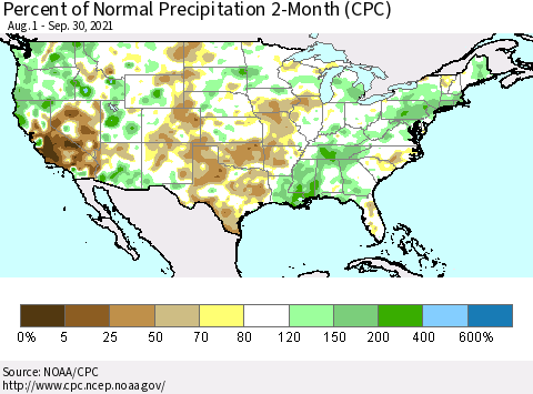 United States Percent of Normal Precipitation 2-Month (CPC) Thematic Map For 8/1/2021 - 9/30/2021