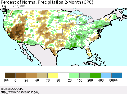 United States Percent of Normal Precipitation 2-Month (CPC) Thematic Map For 8/6/2021 - 10/5/2021