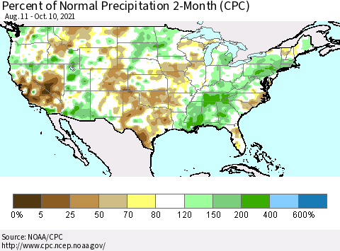 United States Percent of Normal Precipitation 2-Month (CPC) Thematic Map For 8/11/2021 - 10/10/2021
