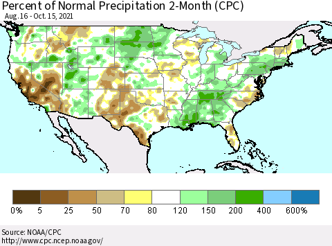 United States Percent of Normal Precipitation 2-Month (CPC) Thematic Map For 8/16/2021 - 10/15/2021