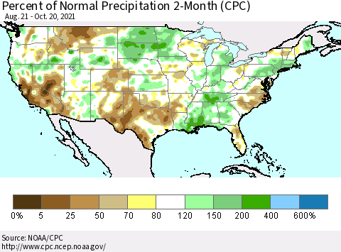 United States Percent of Normal Precipitation 2-Month (CPC) Thematic Map For 8/21/2021 - 10/20/2021