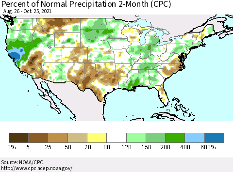 United States Percent of Normal Precipitation 2-Month (CPC) Thematic Map For 8/26/2021 - 10/25/2021