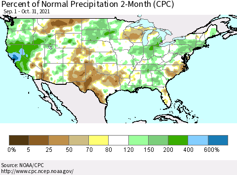 United States Percent of Normal Precipitation 2-Month (CPC) Thematic Map For 9/1/2021 - 10/31/2021
