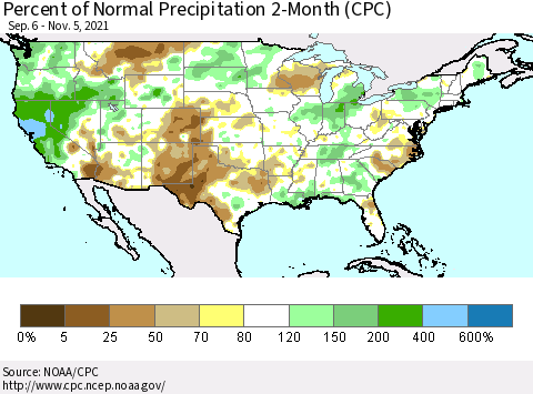 United States Percent of Normal Precipitation 2-Month (CPC) Thematic Map For 9/6/2021 - 11/5/2021