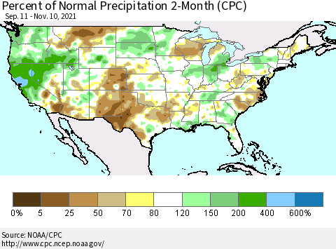 United States Percent of Normal Precipitation 2-Month (CPC) Thematic Map For 9/11/2021 - 11/10/2021