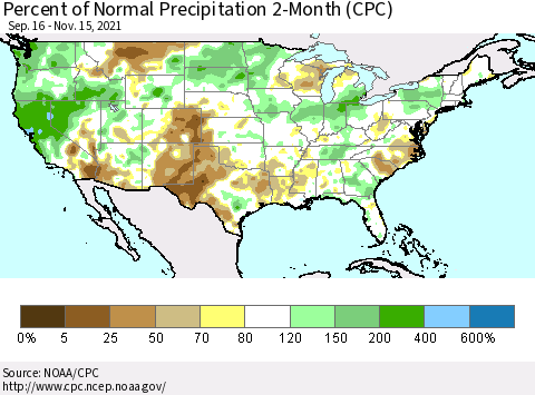 United States Percent of Normal Precipitation 2-Month (CPC) Thematic Map For 9/16/2021 - 11/15/2021