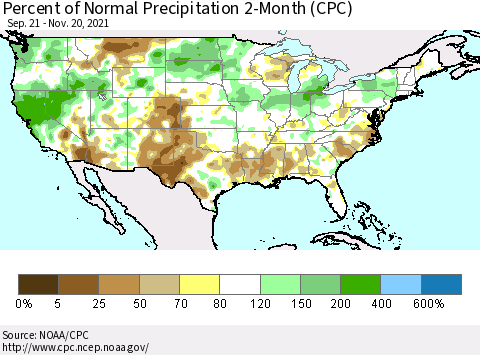 United States Percent of Normal Precipitation 2-Month (CPC) Thematic Map For 9/21/2021 - 11/20/2021