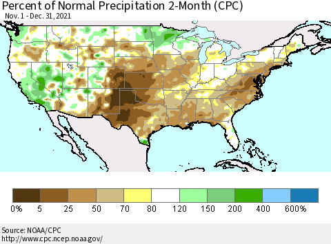 United States Percent of Normal Precipitation 2-Month (CPC) Thematic Map For 11/1/2021 - 12/31/2021