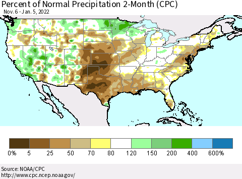 United States Percent of Normal Precipitation 2-Month (CPC) Thematic Map For 11/6/2021 - 1/5/2022