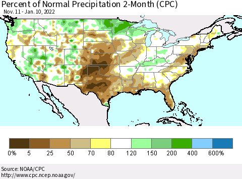 United States Percent of Normal Precipitation 2-Month (CPC) Thematic Map For 11/11/2021 - 1/10/2022